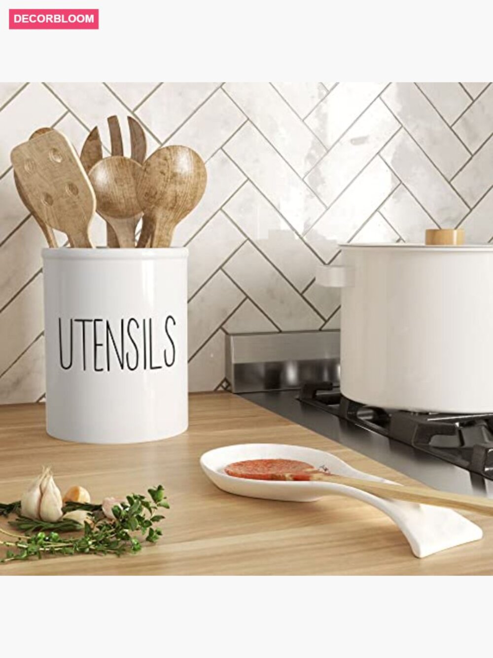 Large Ceramic Utensil Holder for Countertop, Farmhouse Kitchen Crock, Spatula - Picture 4 of 7